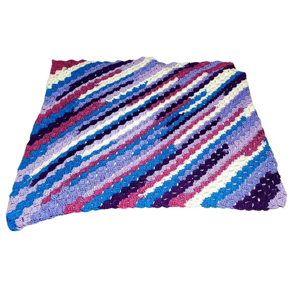 Handmade Crochet Blanket 30"x30" – Purple Blue White C2C Baby Lap Throw - Picture 1 of 10
